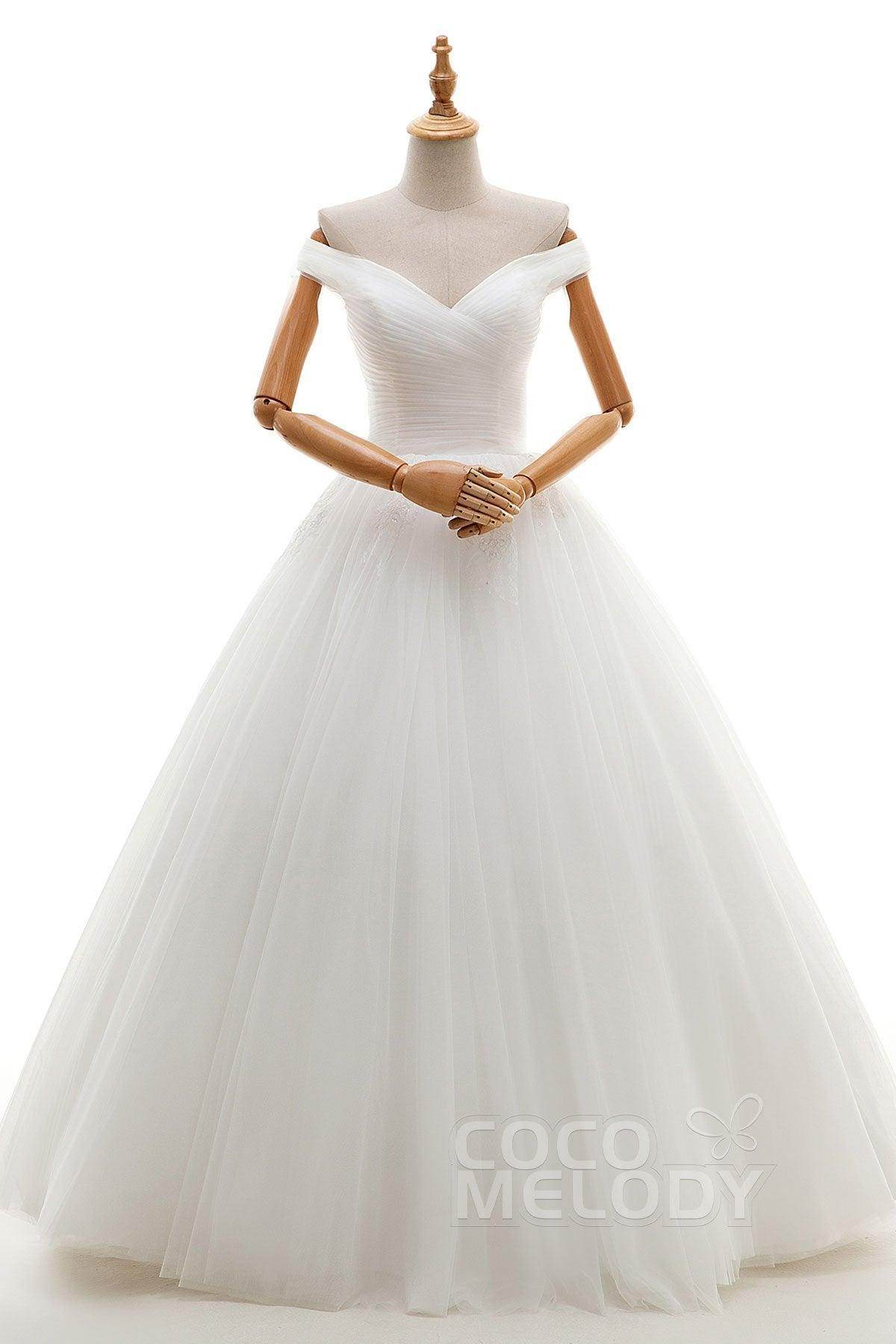 A-Line Floor Length Tulle Ivory Wedding Dress JWLF16001 - COCOMELODY